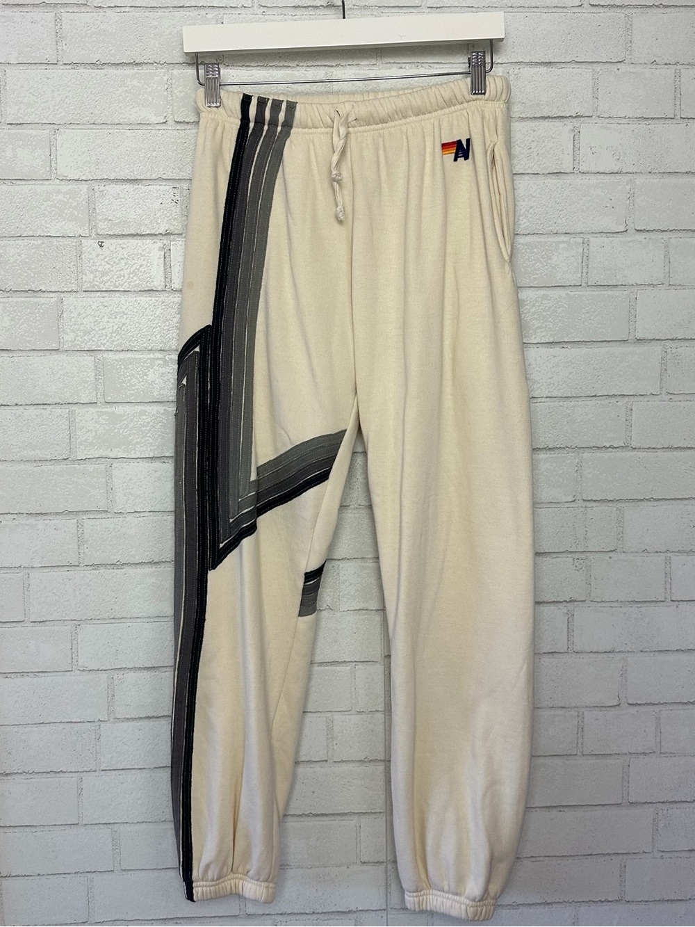 Aviator Nation Cream Track Joggers with Black & Gray Stripe small